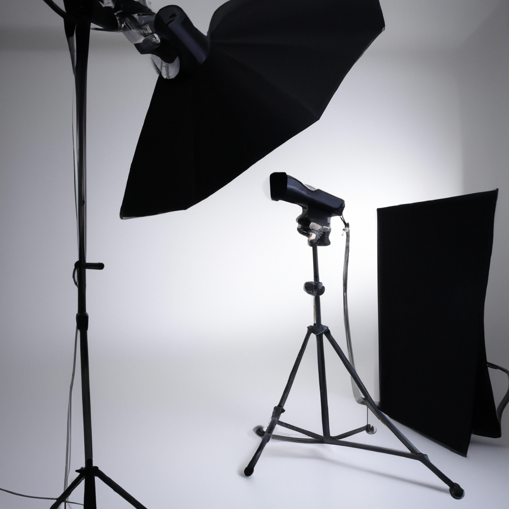 Our minimalist Toronto studio in soft northern light with white walls, polished concrete, tripod and diffuser panels