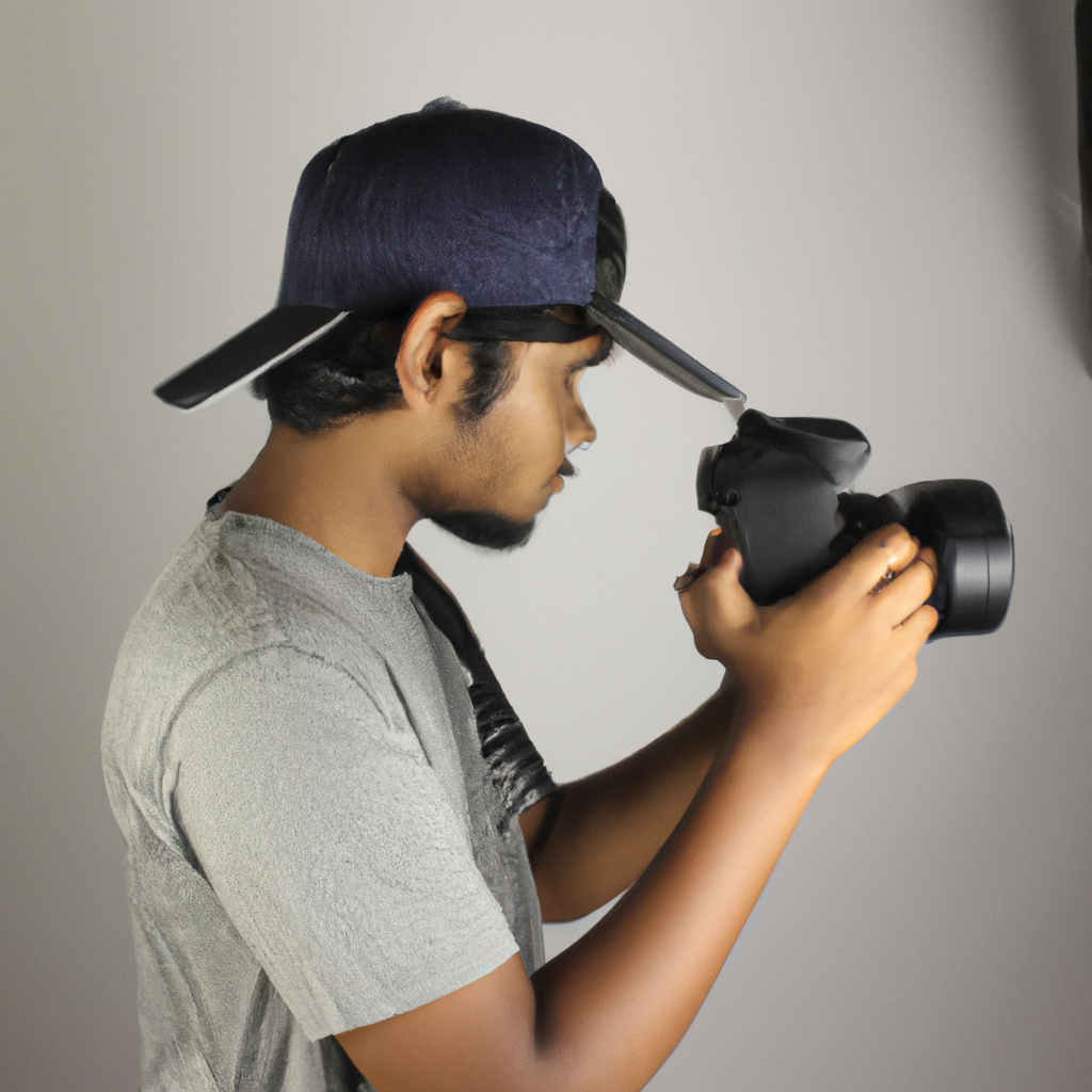 Assistant photographer wearing grey cap on a neutral backdrop with soft fill